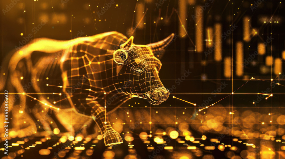 Poster digital representation of bull symbolizes strength and growth in financial markets, showcasing vibra