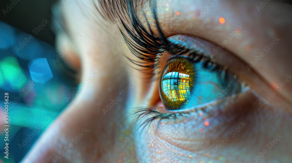 Poster close up view of human eye, showcasing vibrant colors and intricate details in iris and eyelashes. reflection in eye adds depth and intrigue, creating captivating visual experience