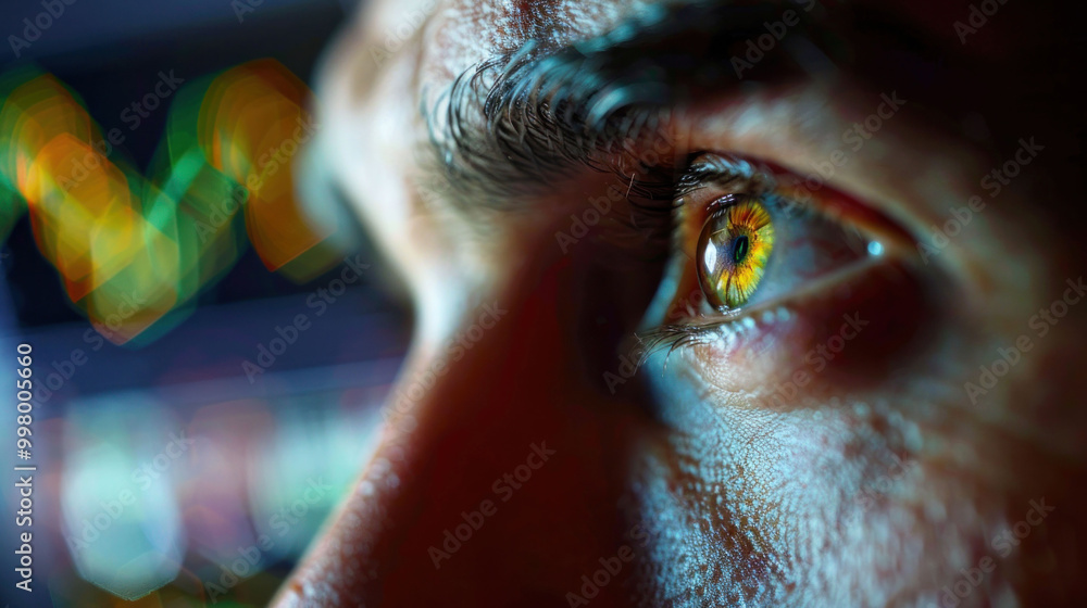 Poster close up of persons eye reflects vibrant display of data, symbolizing focus and analysis in digital environment. intricate details of iris and colorful reflections evoke sense of curiosity and