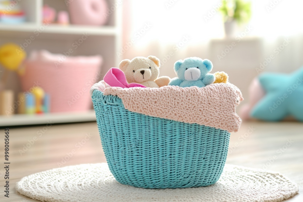 Poster the laundry basket holds an array of colorful children's garments and soft toys, brightening the sun
