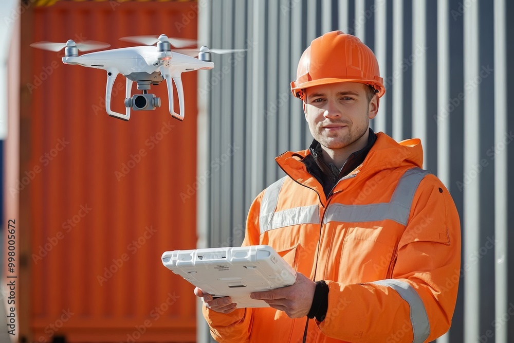 Poster worker in an orange vest holding a tablet while monitoring a drone flying over a shipping dock repre