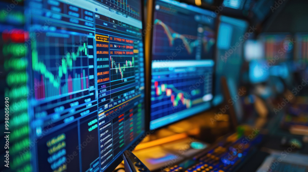 Poster image showcases close up view of multiple computer screens displaying financial data, stock market charts, and trading information, creating dynamic and analytical atmosphere