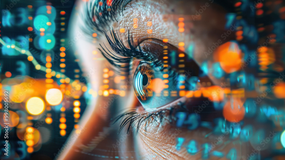 Poster image features close up of eye with digital data overlays, symbolizing technology and data analysis. intricate details evoke sense of curiosity and innovation