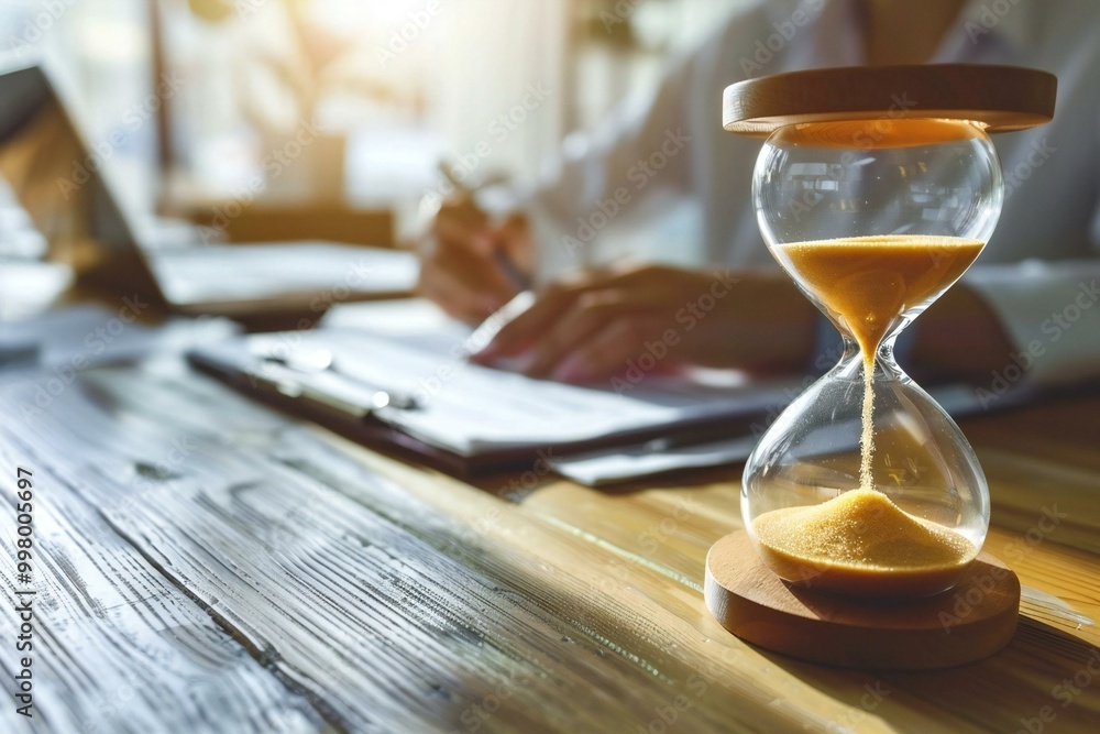Poster close-up photo of an hourglass in front of a businessperson calculating an invoice on their desk. th