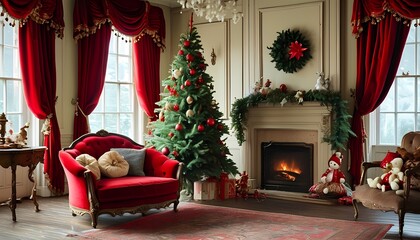 christmas tree in the room A vintage Christmas backdrop with a Victorian-style parlor, featuring a grand Christmas tree, ornate decorations, and a fireplace. Add red velvet drapes, antique furniture, 