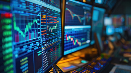 Fototapeta premium image showcases close up view of multiple computer screens displaying financial data, stock market charts, and trading information, creating dynamic and analytical atmosphere