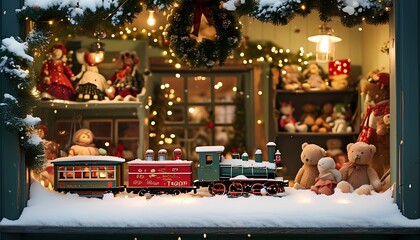 backdrop of an old-fashioned toy store window, filled with classic holiday toys like trains, dolls, and teddy bears. Include snow-covered windowsills, garlands