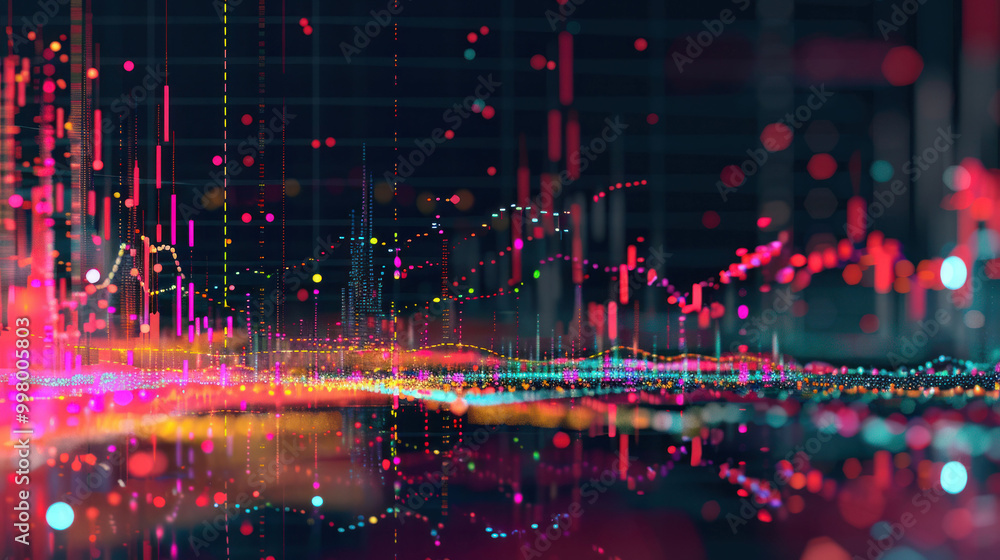 Poster Vibrant data visualization with colorful graphs and charts representing financial trends and analytics. dynamic patterns create engaging and modern aesthetic