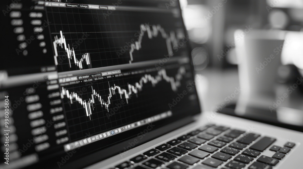 Poster image showcases close up view of laptop screen displaying stock market graphs and data analysis, reflecting modern financial environment. intricate lines and patterns evoke sense of dynamic trading