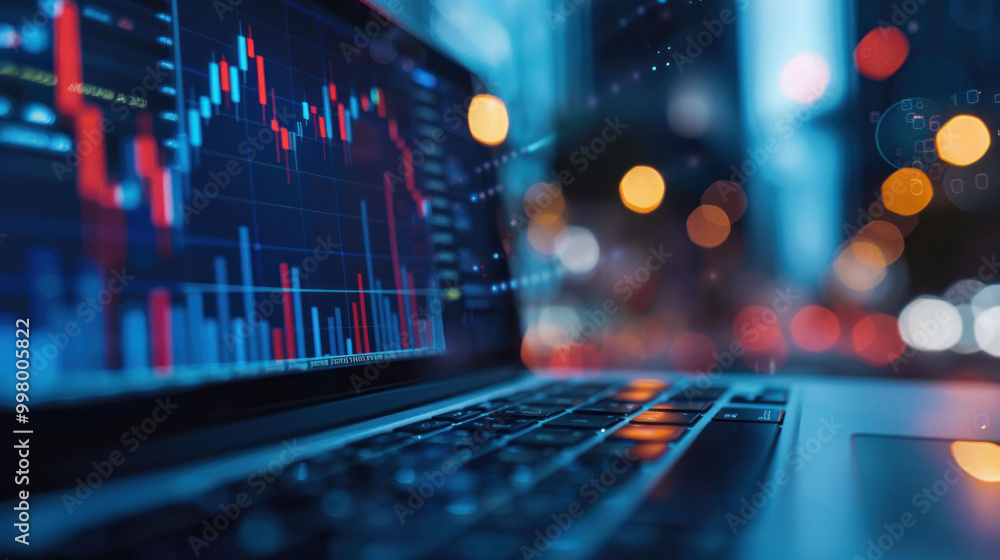 Leinwandbilder image showcases close up view of laptop displaying financial data and stock market graphs, with blur