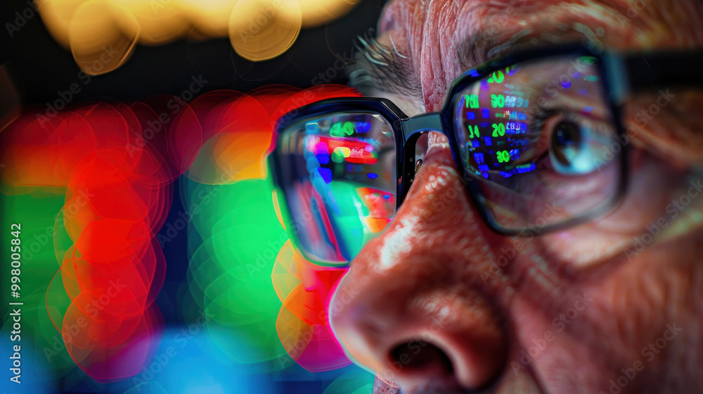 Poster image captures close up of persons face, focusing on their eyes and glasses, reflecting colorful sto