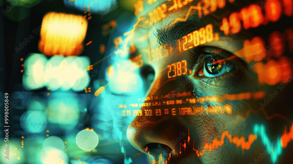 Poster image depicts close up of persons face with focus on eye, overlaid with digital financial data and g