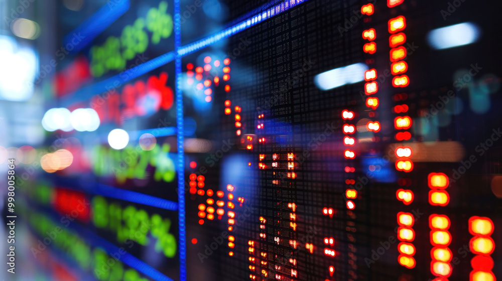 Poster image showcases close up view of digital stock market display, featuring fluctuating stock prices an