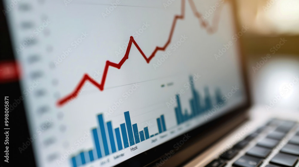 Aufkleber Data analysis on laptop screen shows rising trend in graphs, indicating growth and progress in business metrics. vibrant colors highlight key performance indicators