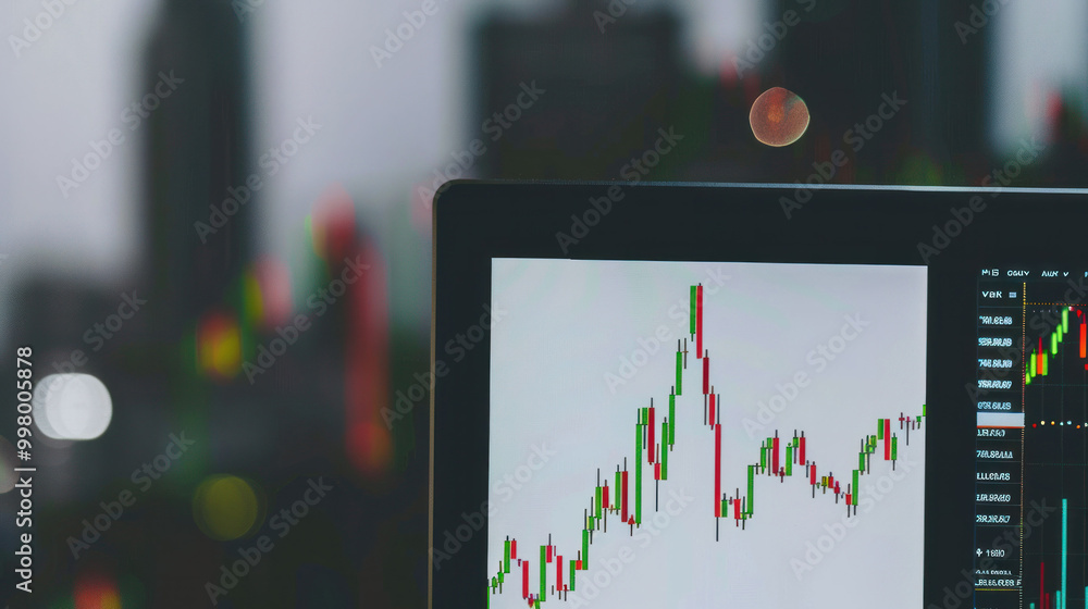 Aufkleber image showcases close up of stock market chart displayed on computer screen, with blurred city light