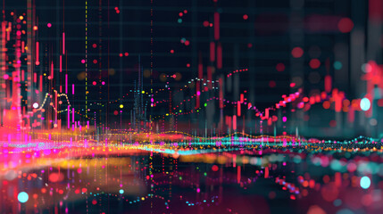 Vibrant data visualization with colorful graphs and charts representing financial trends and analytics. dynamic patterns create engaging and modern aesthetic
