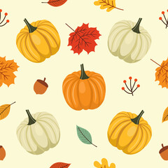 Seamless pattern with pumpkin, autumn Leaves, acorns and oak leaves for wallpaper, gift paper, pattern fills, textile, fall greeting cards.