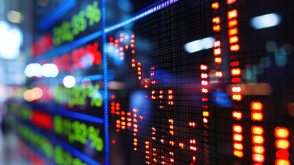 Obraz premium image showcases close up view of digital stock market display, featuring fluctuating stock prices and percentages in vibrant colors. dynamic nature of market is captured through bright red and green