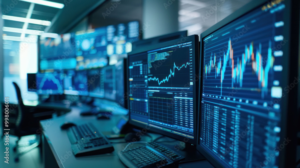Poster Modern trading room with multiple monitors displaying financial data, stock charts, and analytics. environment is high tech and dynamic, reflecting fast paced nature of trading