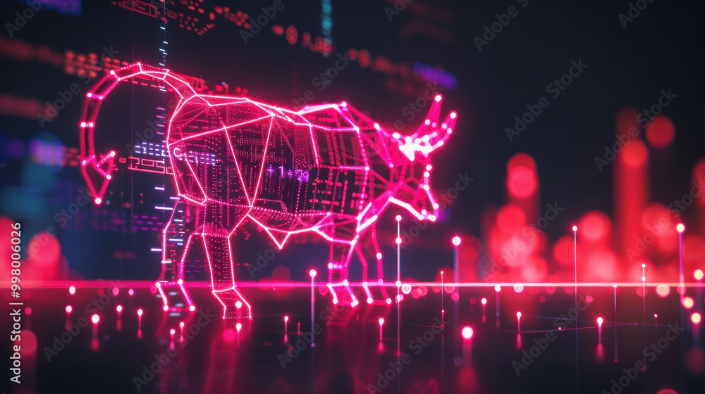 Poster digital bull symbolizing market growth and optimism, depicted in vibrant pink neon style against bac