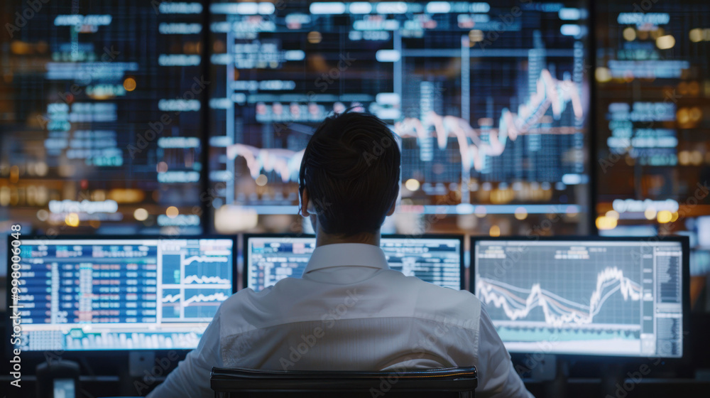 Aufkleber focused individual analyzes financial data on multiple screens, surrounded by dynamic graphs and charts in modern trading environment. atmosphere conveys intensity and concentration