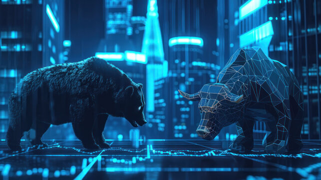 image depicts digital representation of bear and bull, symbolizing market trends in finance. contrasting figures are set against futuristic cityscape, highlighting dynamic nature of trading - Powered by Adobe