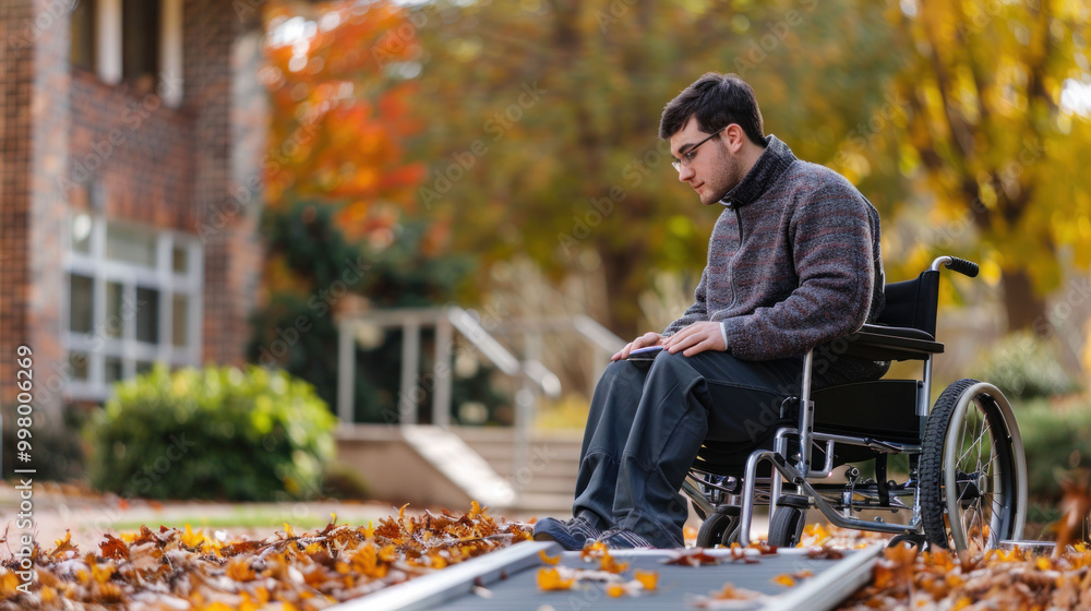 Aufkleber young man in wheelchair sits thoughtfully on path covered with autumn leaves, surrounded by trees wi