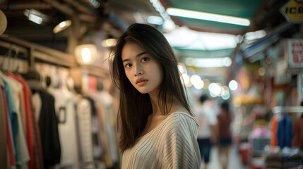 young woman stands in vibrant market, surrounded by colorful clothing and soft lighting, exuding sense of curiosity and confidence
