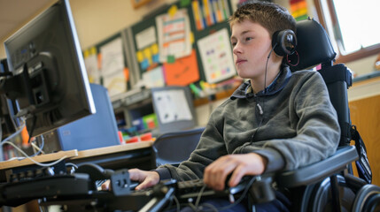 young boy in wheelchair is focused on his computer, wearing headphones in classroom setting. His concentration reflects positive learning environment