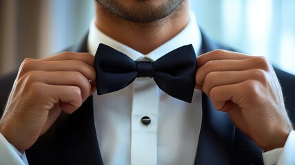 Man adjusting black bow tie, formal attire, elegant setting, stylish appearance.