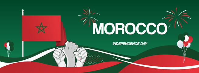 Modern creative banner for Morocco independence day in flag colors. Wide poster for holiday celebration, national day greeting card, web header, sports and music event background. Horizontal concept