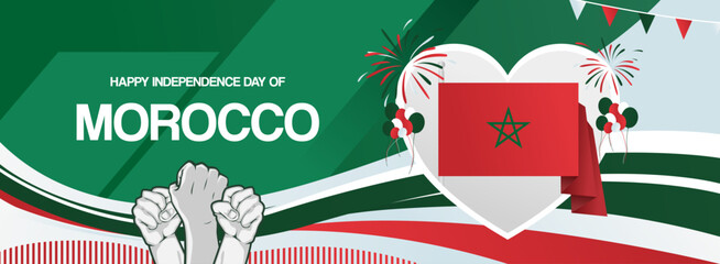 Modern creative banner for Morocco independence day in flag colors. Wide poster for holiday celebration, national day greeting card, web header, sports and music event background. Horizontal concept