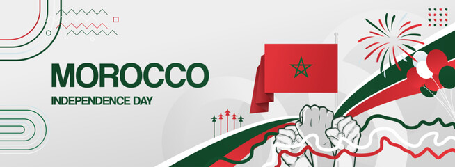 Obraz premium Modern creative banner for Morocco independence day in flag colors. Wide poster for holiday celebration, national day greeting card, web header, sports and music event background. Horizontal concept