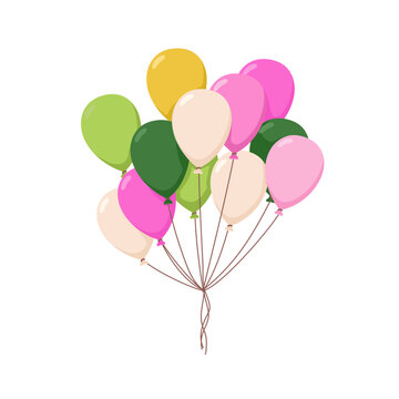 recommend clip art: Balloons flying up, colorful bunch, tied with strings. Festive holiday decoration for birthday celebration. Air ballons, baloons bundle. Flat graphic vector illustration isolated on white background
