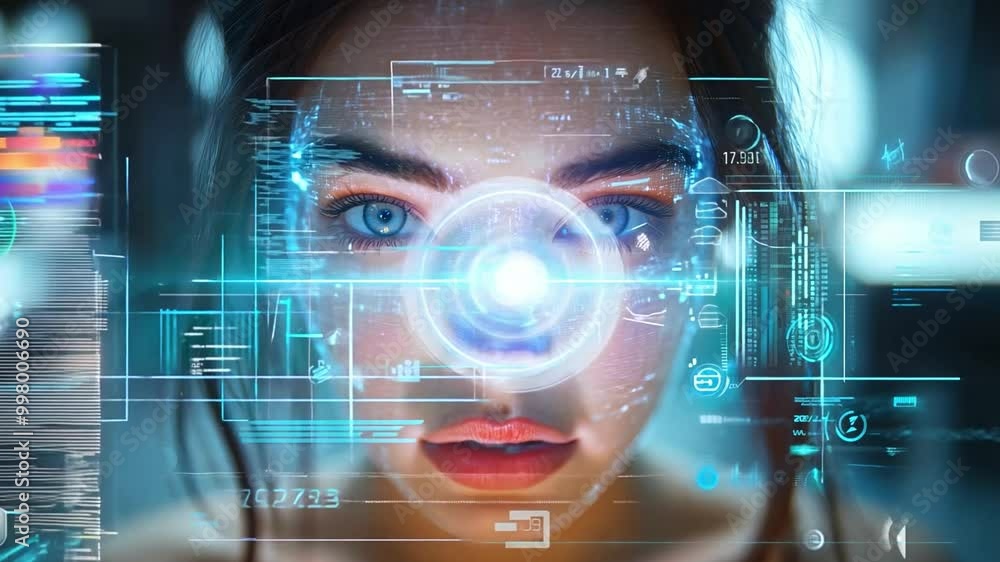 Poster A woman gazes intently at floating holographic displays, immersed in advanced technology while illuminated by a soft glow in a futuristic setting.