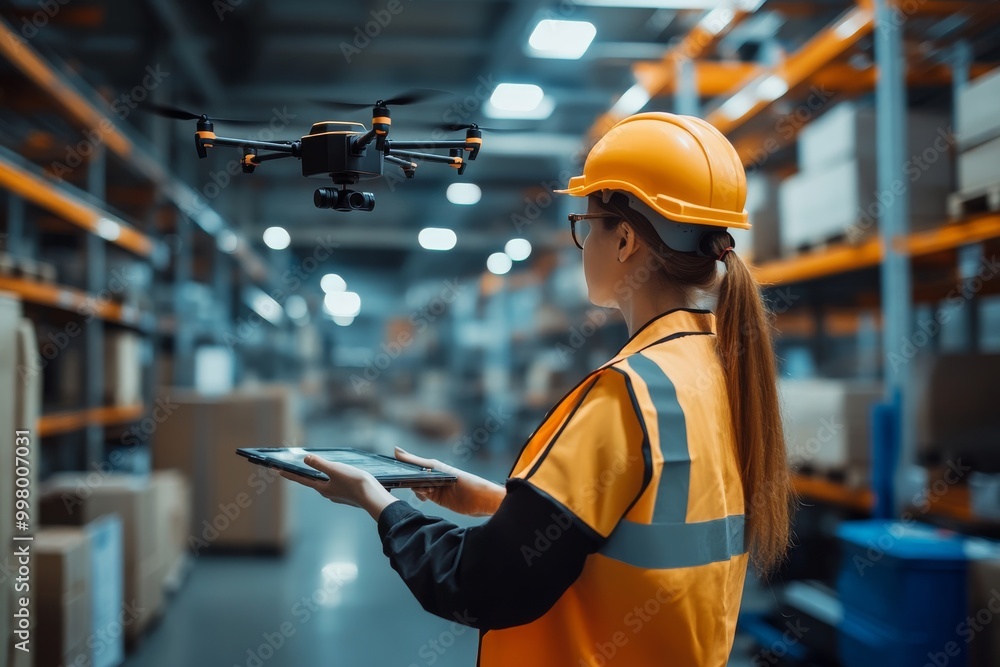 Poster worker in a hard hat holding a tablet while monitoring a drone flying through a warehouse aisle symb