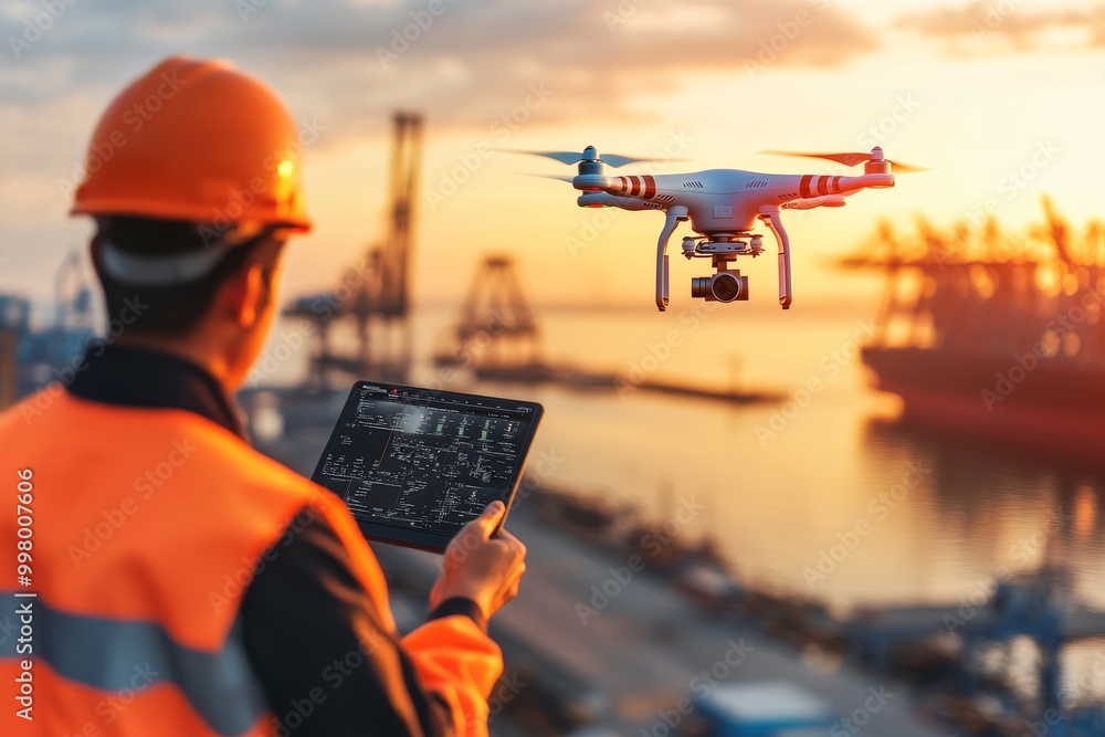 Poster worker in an orange vest using a tablet to monitor a drone flying over a shipping dock at sunset sym