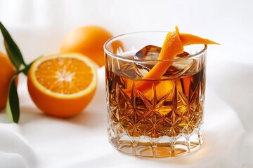 A classic old fashioned cocktail drink served in a crystal glass, with rich amber tones and an orange twist, isolated on a clean white background for a timeless presentation.
