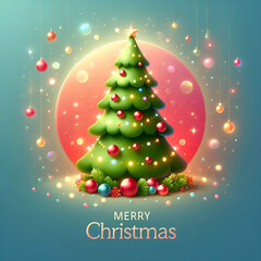 Festive Christmas Background with Tree, Red Baubles, and Twinkling Lights
