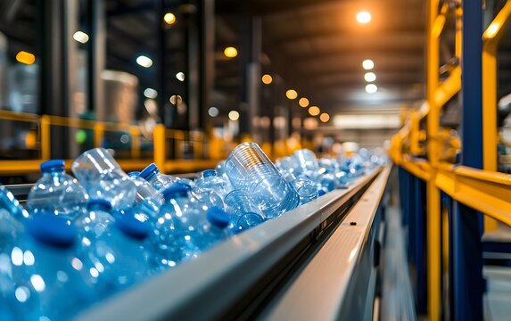 A plastic recycling plant with machines processing plastic waste into reusable materials, recycling production process, sustainable manufacturing