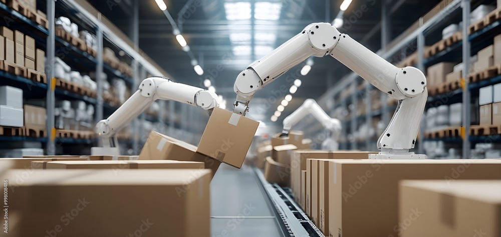 Poster automated packaging robots sorting and boxing products in a warehouse, automated packaging, smart wa
