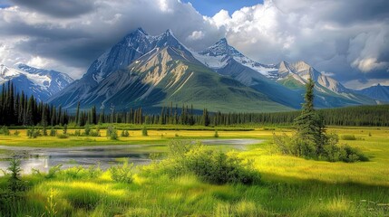 Naklejka premium Majestic Mountain Range with a Tranquil Meadow