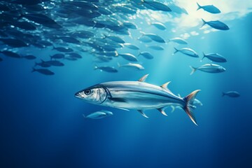 Fototapeta premium A group of fish swimming in clear ocean waters during daylight hours