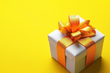 Showcase an elegantly wrapped gift box adorned with a vibrant ribbon, set against a cheerful yellow background, radiating joy and excitement.