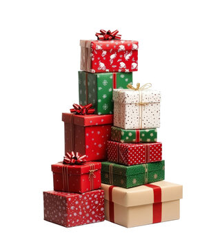 Stack of Christmas gift boxes wrapped in red and green paper
