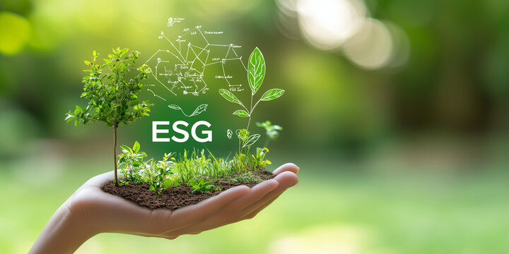 ESG. Mano che tiene la scritta ESG fatta d'erba. Sfondo verde. Avere cura dell'ambiente. Sviluppo sostenibile.