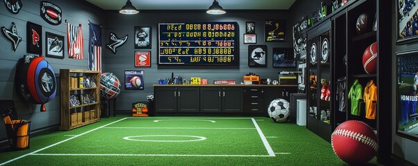 Fototapeta premium Home office with a dynamic sports theme, featuring memorabilia from various sports, a synthetic turf floor, and a scoreboard display Energetic and vibrant