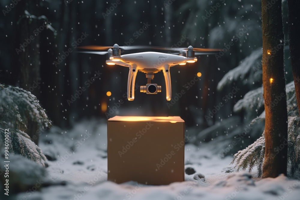 Poster drone flying in a snowy forest while carrying a package representing the role of drones in winter lo