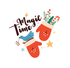 Winter mittens with cute bird, mistletoe, Christmas candy cane. Warm Xmas gloves with New Year decor. Holiday sticker with congratulation phrase. Flat isolated vector illustration on white background