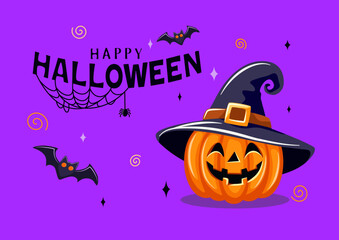 Halloween character vector background design. Text with pumpkin, bat, and spider on the web. Halloween characters.